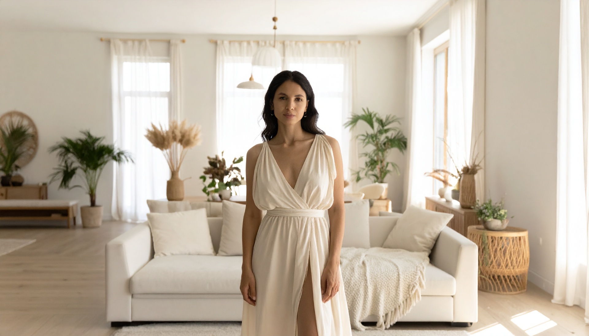 A woman standing in a quiet, sunlit room