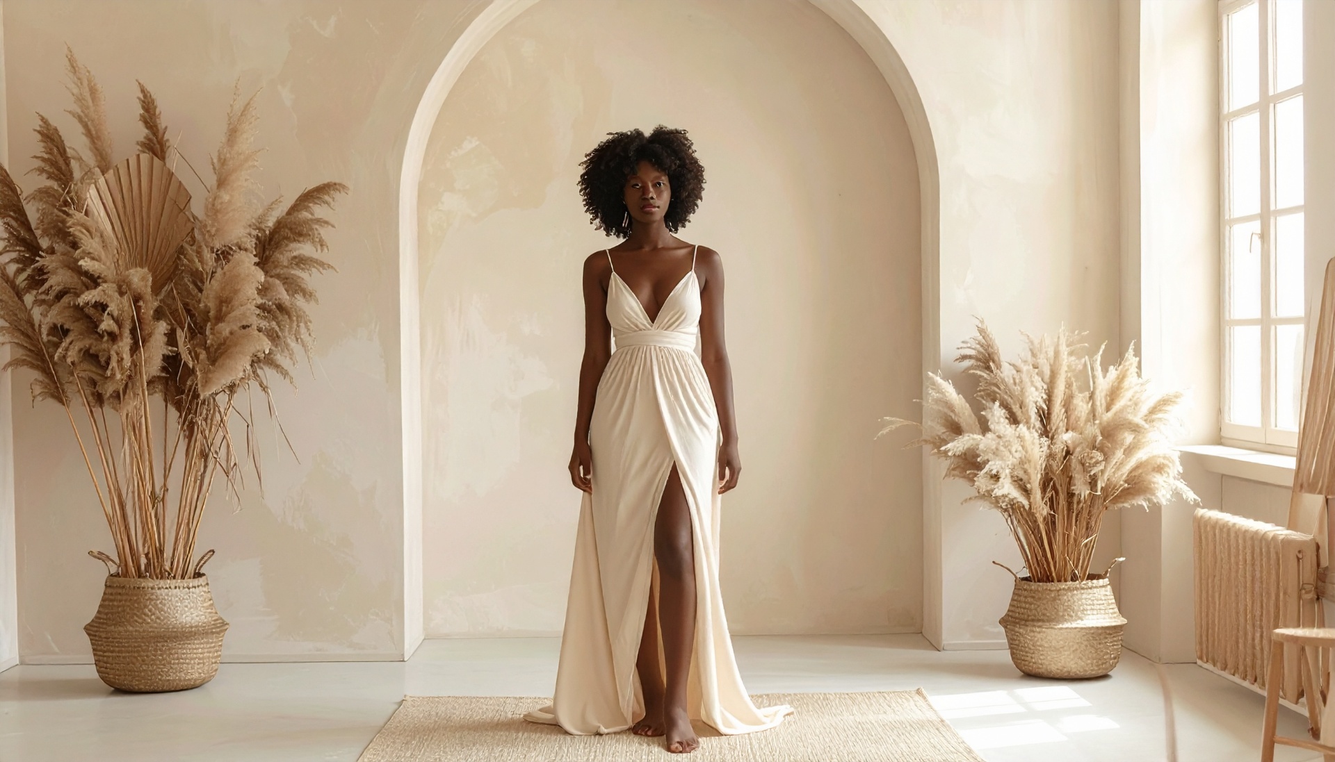 Woman in cream gown beneath an arched alcove — the developmental crossing